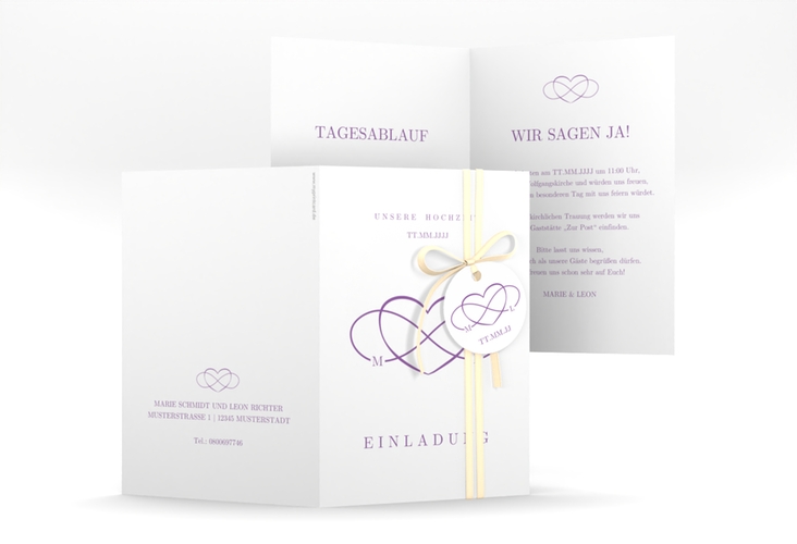 Einladungskarte Hochzeit Infinity A6 Klappkarte hoch lila hochglanz