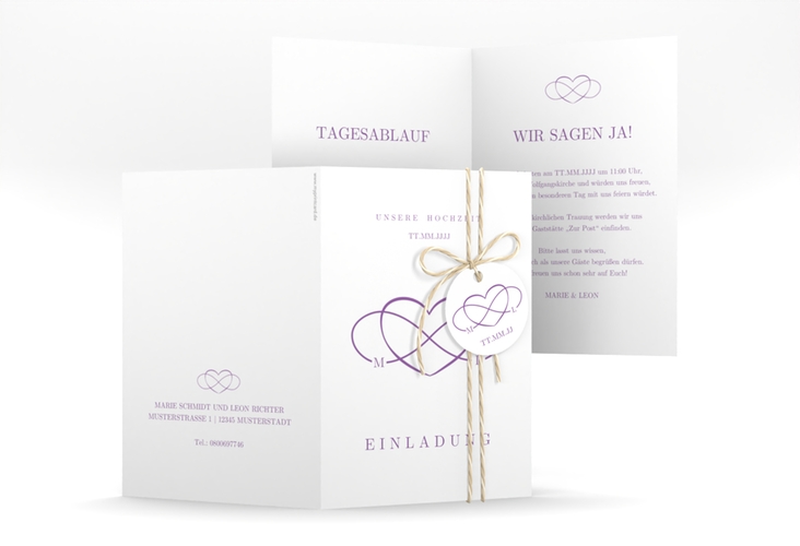 Einladungskarte Hochzeit Infinity A6 Klappkarte hoch lila hochglanz