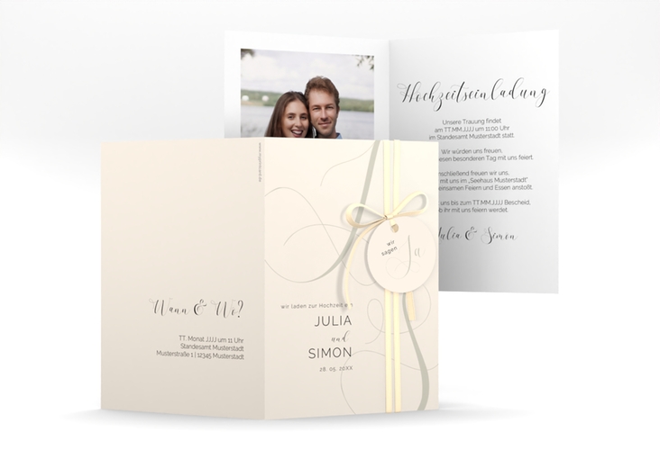 Hochzeitseinladung Eheschließung A6 Klappkarte hoch beige hochglanz mit Gräsern und Trockenblumen für Boho-Hochzeit