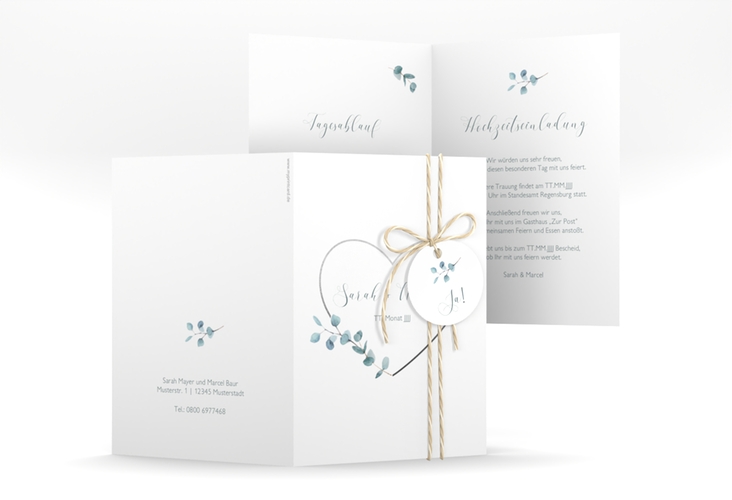 Einladungskarte Hochzeit Greenheart A6 Klappkarte hoch grau hochglanz mit elegantem Herz und Eukalyptus-Zweig