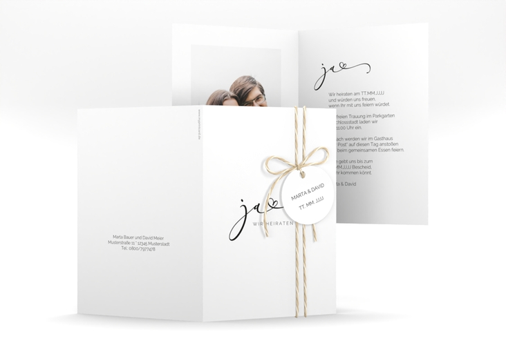 Hochzeitseinladung Jawort A6 Klappkarte hoch weiss hochglanz modern minimalistisch mit veredelter Aufschrift