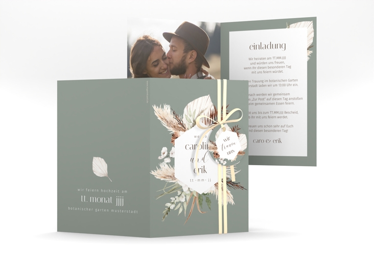 Einladungskarte Hochzeit Bohemian A6 Klappkarte hoch gruen mit Gräsern und Trockenblumen für Boho-Hochzeit