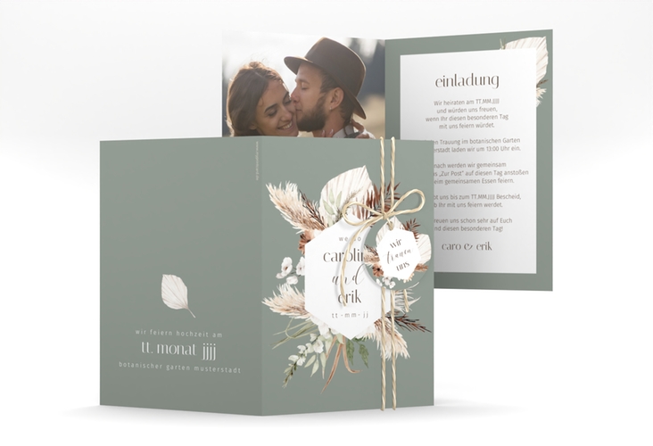 Einladungskarte Hochzeit Bohemian A6 Klappkarte hoch gruen mit Gräsern und Trockenblumen für Boho-Hochzeit