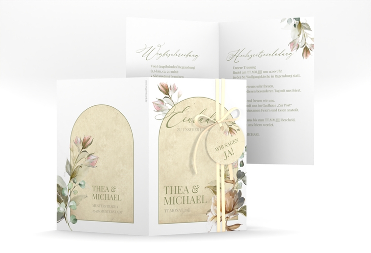 Einladungskarte Hochzeit Dornröschen A6 Klappkarte hoch weiss mit Aquarell-Rosen im Vintage-Look