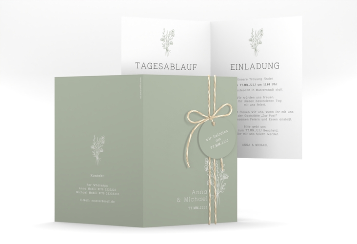 Einladungskarte Hochzeit Zarte Wildblumen A6 Klappkarte hoch gruen hochglanz