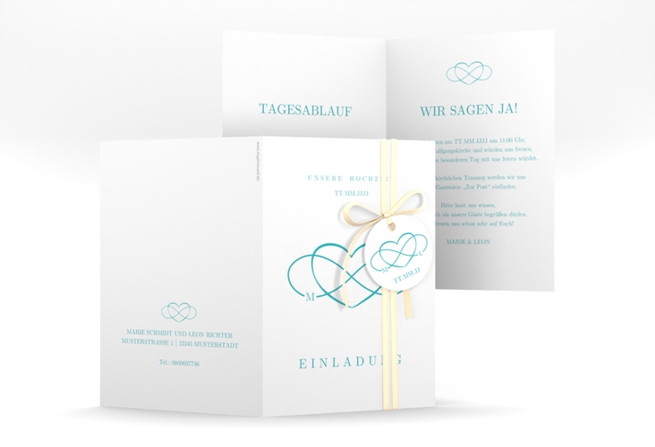 Einladungskarte Hochzeit Infinity A6 Klappkarte hoch tuerkis hochglanz