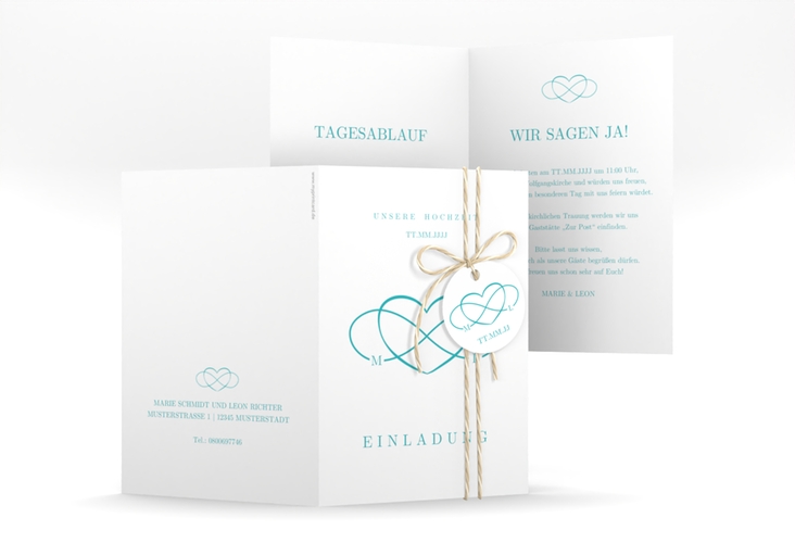 Einladungskarte Hochzeit Infinity A6 Klappkarte hoch tuerkis hochglanz