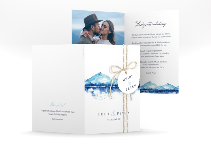 Einladungskarte Hochzeit Bergliebe A6 Klappkarte hoch hochglanz mit Gebirgspanorama für Berghochzeit