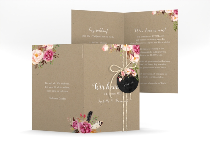 Einladungskarte Hochzeit Flowers A6 Klappkarte hoch Kraftpapier hochglanz mit bunten Aquarell-Blumen