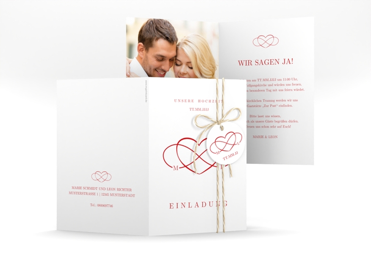 Einladungskarte Hochzeit Infinity A6 Klappkarte hoch rot hochglanz
