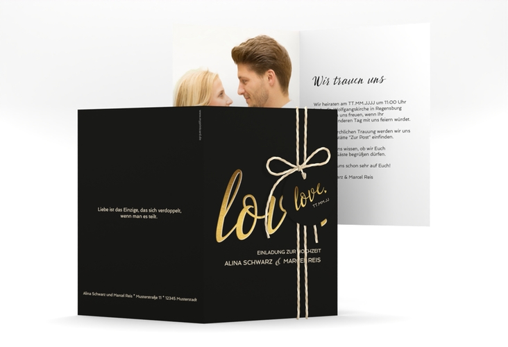 Einladungskarte Hochzeit Glam A6 Klappkarte hoch schwarz hochglanz