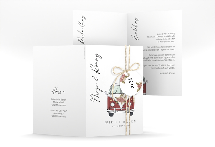 Einladungskarte Hochzeit Hochzeitsbulli A6 Klappkarte hoch rot mit Gräsern und Trockenblumen für Boho-Hochzeit
