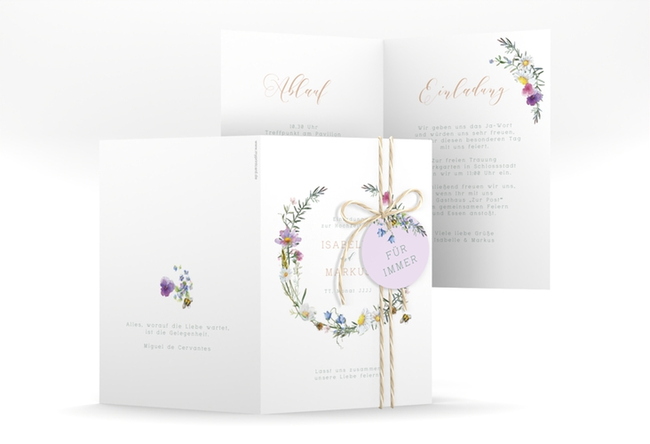 Einladungskarte Hochzeit Blumengarten A6 Klappkarte hoch weiss hochglanz mit Blumenkranz und Hummel