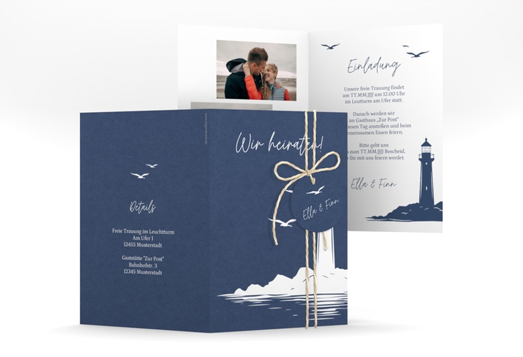 Einladungskarte Hochzeit Leuchtturm A6 Klappkarte hoch blau