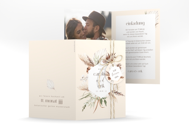 Einladungskarte Hochzeit Bohemian A6 Klappkarte hoch mit Gräsern und Trockenblumen für Boho-Hochzeit