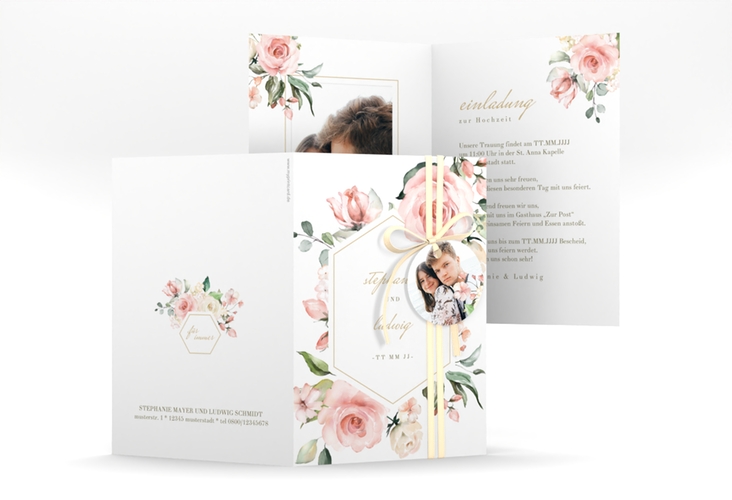 Einladungskarte Hochzeit Graceful A6 Klappkarte hoch weiss hochglanz mit Rosenblüten in Rosa und Weiß