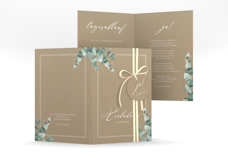 Einladungskarte Hochzeit Eucalypt A6 Klappkarte hoch Kraftpapier mit Eukalyptus und edlem Rahmen