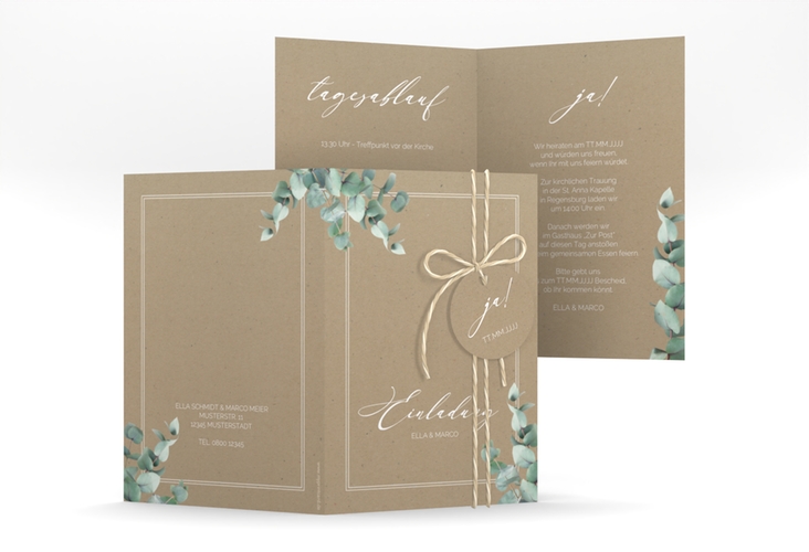 Einladungskarte Hochzeit Eucalypt A6 Klappkarte hoch Kraftpapier mit Eukalyptus und edlem Rahmen