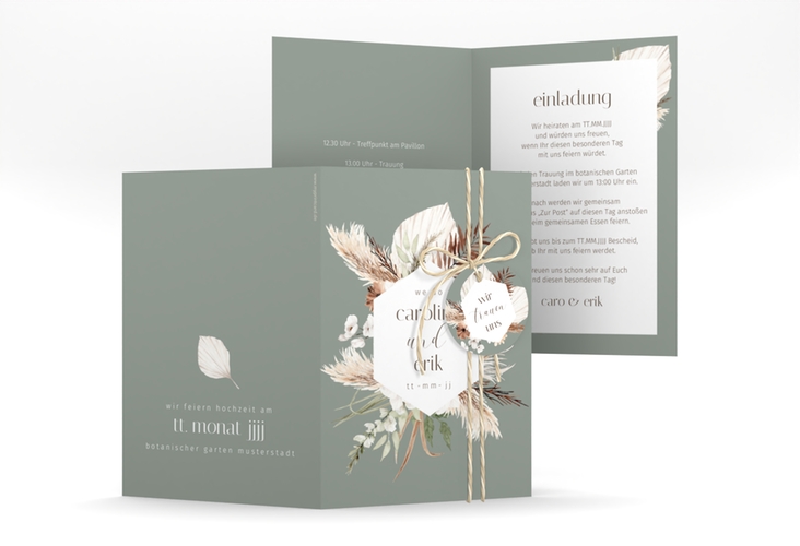 Einladungskarte Hochzeit Bohemian A6 Klappkarte hoch gruen mit Gräsern und Trockenblumen für Boho-Hochzeit