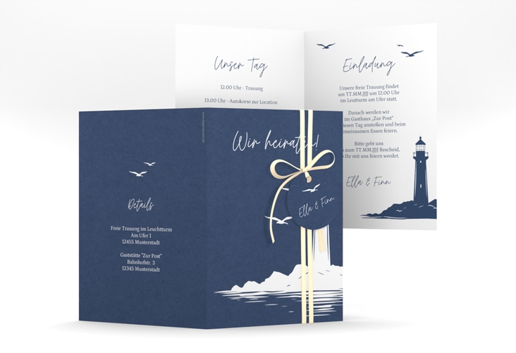 Einladungskarte Hochzeit Leuchtturm A6 Klappkarte hoch blau hochglanz