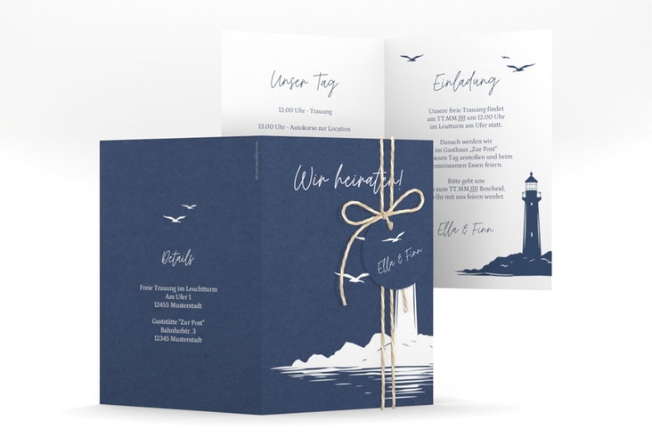 Einladungskarte Hochzeit Leuchtturm A6 Klappkarte hoch blau hochglanz