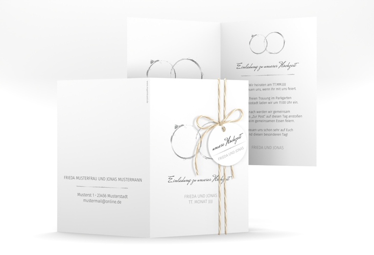Einladungskarte Hochzeit Trauringe A6 Klappkarte hoch grau minimalistisch gestaltet mit zwei Eheringen