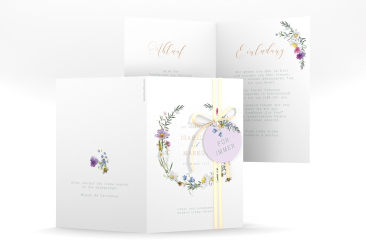 Einladungskarte Hochzeit Blumengarten A6 Klappkarte hoch bunt hochglanz mit Blumenkranz und Hummel