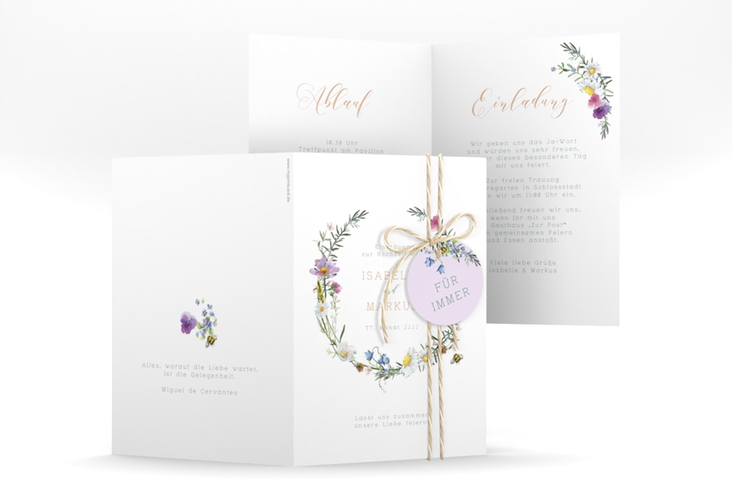 Einladungskarte Hochzeit Blumengarten A6 Klappkarte hoch bunt hochglanz mit Blumenkranz und Hummel