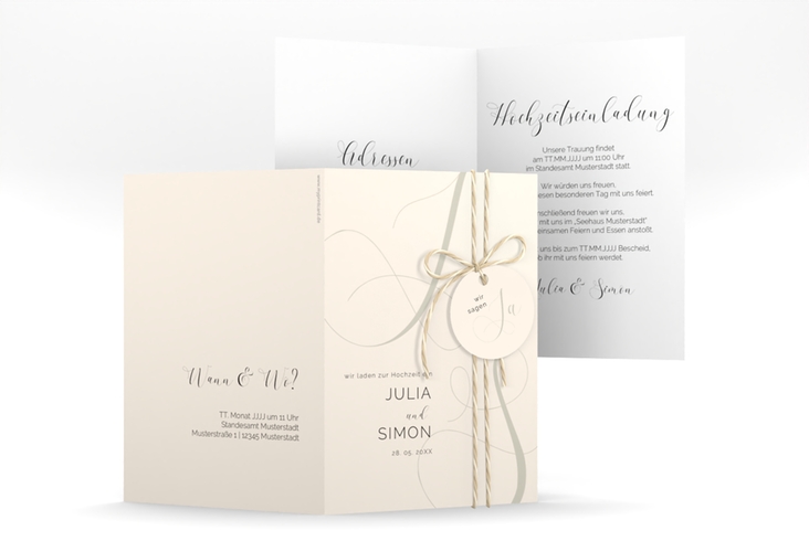 Hochzeitseinladung Eheschließung A6 Klappkarte hoch beige mit Gräsern und Trockenblumen für Boho-Hochzeit