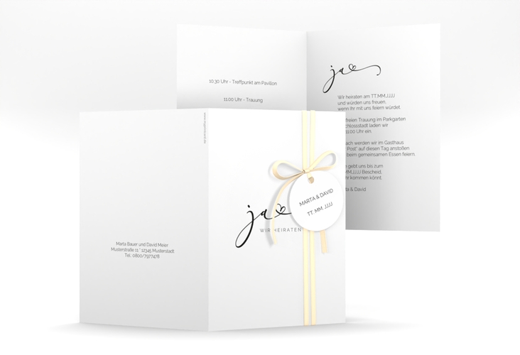Hochzeitseinladung Jawort A6 Klappkarte hoch weiss hochglanz modern minimalistisch mit veredelter Aufschrift