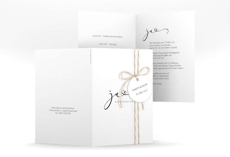 Hochzeitseinladung Jawort A6 Klappkarte hoch weiss hochglanz modern minimalistisch mit veredelter Aufschrift