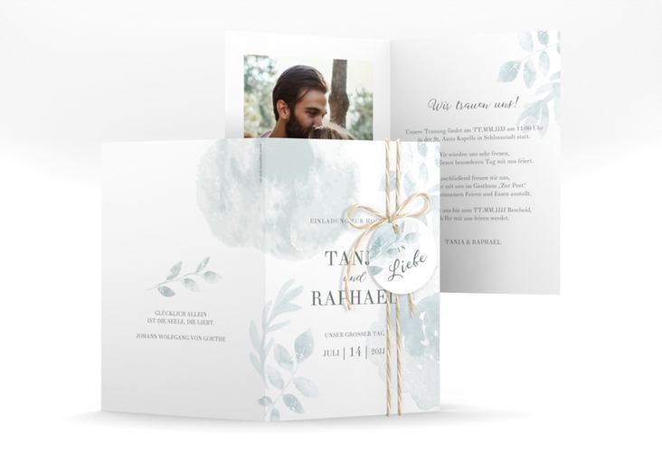 Einladungskarte Hochzeit Blätterdruck A6 Klappkarte hoch mint