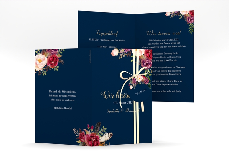 Einladungskarte Hochzeit Flowers A6 Klappkarte hoch blau hochglanz mit bunten Aquarell-Blumen