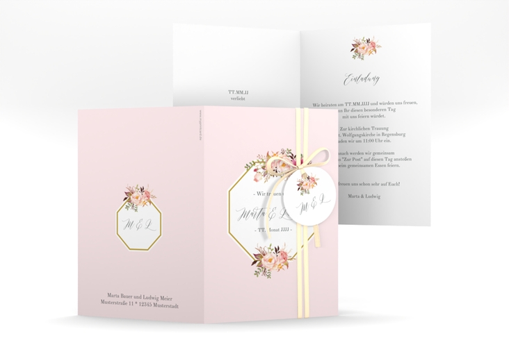 Einladungskarte Hochzeit Prachtvoll A6 Klappkarte hoch rosa hochglanz