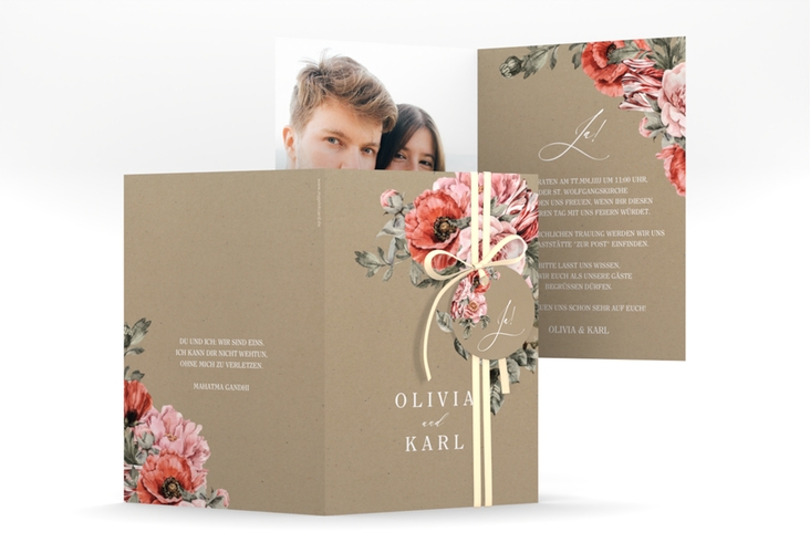 Einladungskarte Hochzeit Grazioso A6 Klappkarte hoch Kraftpapier hochglanz modern mit Mohnblumen und Rosen