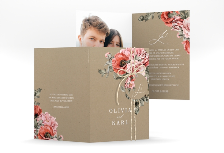Einladungskarte Hochzeit Grazioso A6 Klappkarte hoch Kraftpapier modern mit Mohnblumen und Rosen