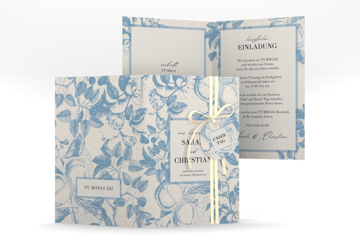 Einladungskarte Hochzeit Toile A6 Klappkarte hoch blau mit Blättermuster im Toile-de-Jouy-Stil
