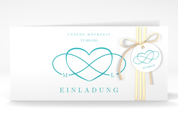 Hochzeitseinladung Infinity lange Klappkarte quer tuerkis hochglanz