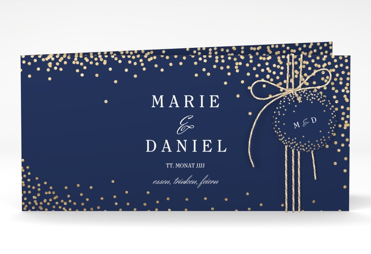 Hochzeitseinladung Glitter lange Klappkarte quer blau hochglanz