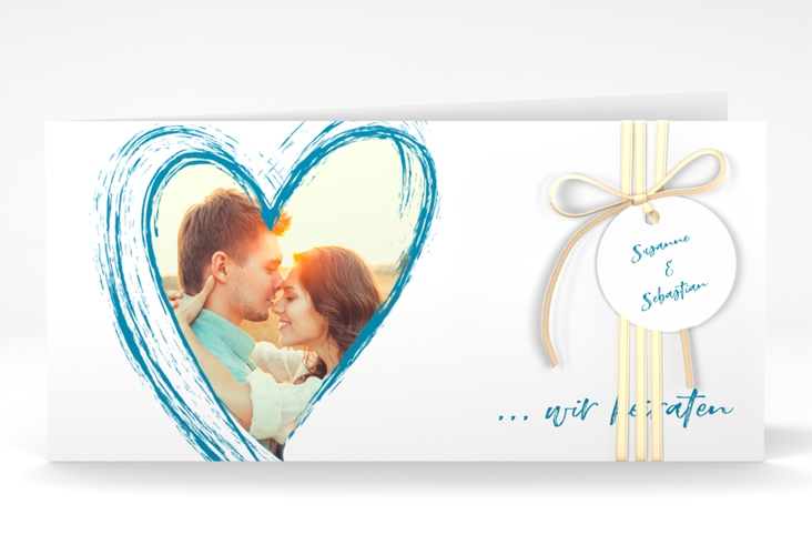 Hochzeitseinladung Liebe lange Klappkarte quer tuerkis