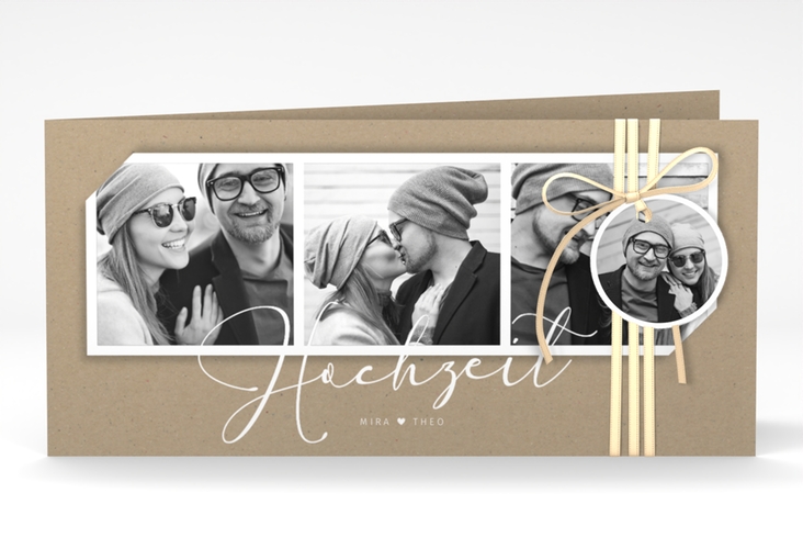 Hochzeitseinladung Crafty lange Klappkarte quer hochglanz mit drei Fotos