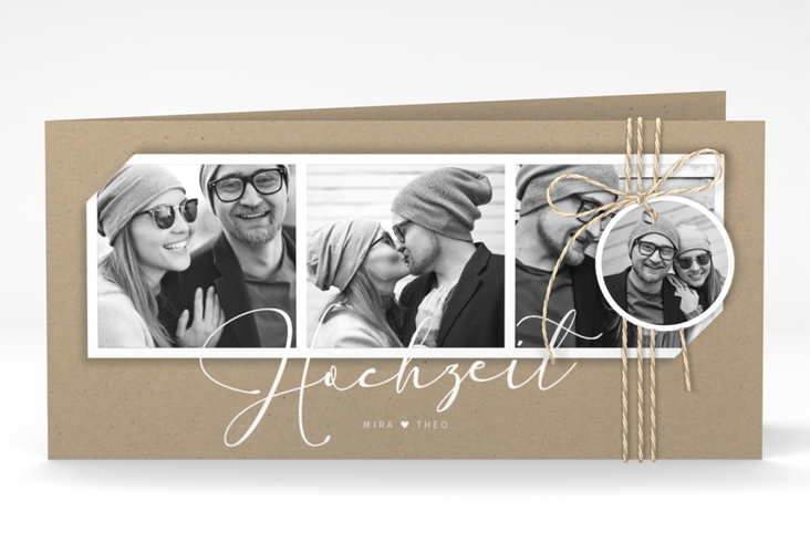 Hochzeitseinladung Crafty lange Klappkarte quer hochglanz mit drei Fotos