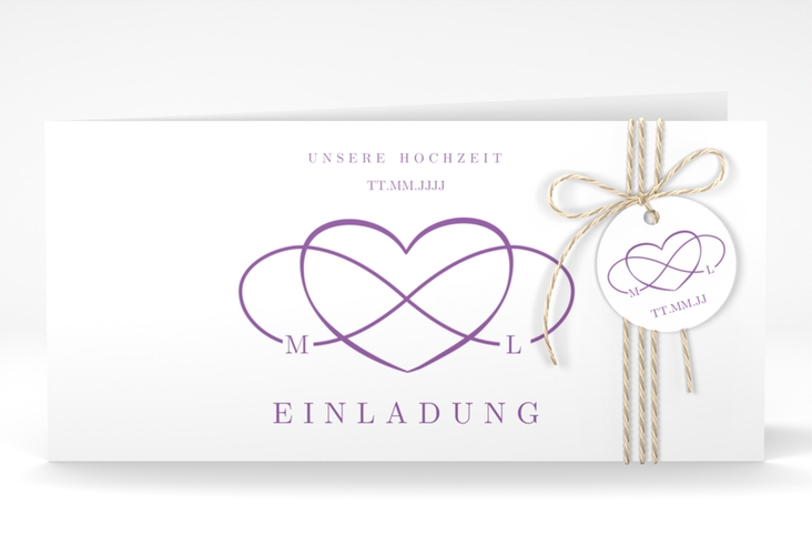 Hochzeitseinladung Infinity lange Klappkarte quer lila