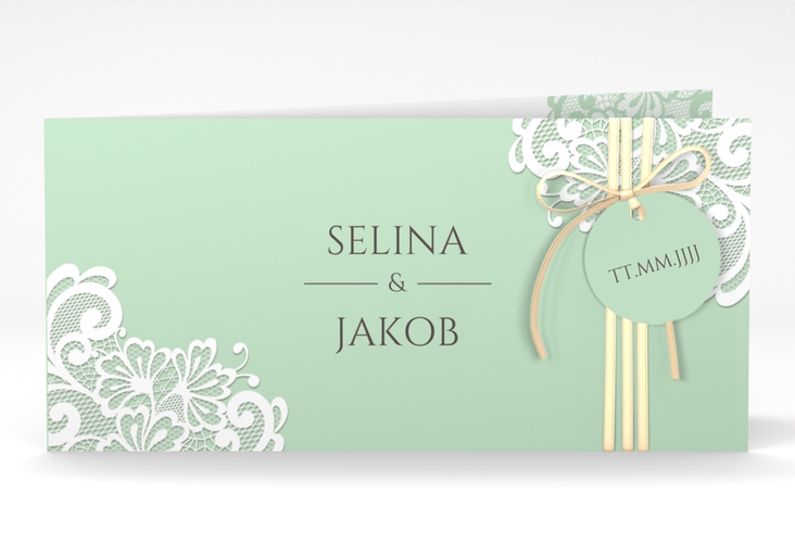 Hochzeitseinladung Vintage lange Klappkarte quer mint mit floraler Spitze