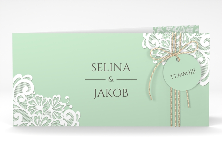 Hochzeitseinladung Vintage lange Klappkarte quer mint mit floraler Spitze