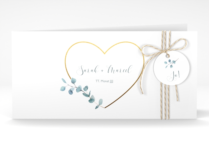 Hochzeitseinladung Greenheart lange Klappkarte quer gold hochglanz mit elegantem Herz und Eukalyptus-Zweig