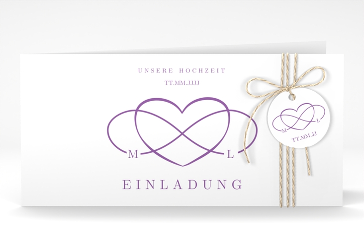 Hochzeitseinladung Infinity lange Klappkarte quer lila
