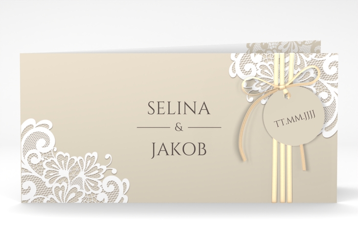 Hochzeitseinladung Vintage lange Klappkarte quer beige mit floraler Spitze