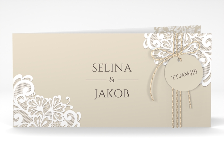 Hochzeitseinladung Vintage lange Klappkarte quer beige mit floraler Spitze
