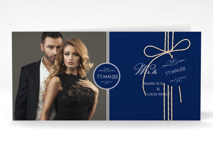 Hochzeitseinladung Elegancy lange Klappkarte quer blau hochglanz